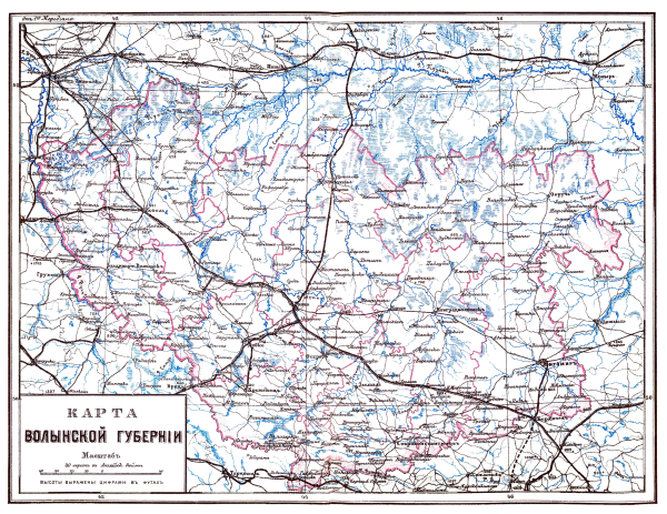 Ілюстрація з енциклопедичного словника Брокгауза та Ефрона (1890-1907). Мапа Волинської губернії